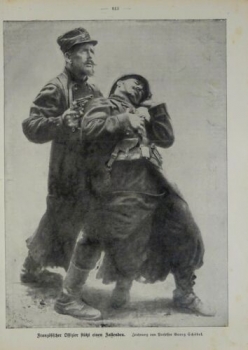1917 - alter Druck - Französischer Offizier stützt einen Fallenden (Zeichnung von Professor Georg Schöbel)